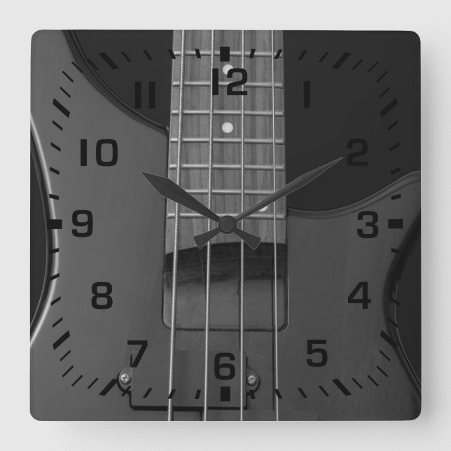 Black Square Numbers on Bass Guitar Wall Clock (Front)