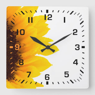 Black Square Numbers / Yellow and Brown Sunflower Wall Clock