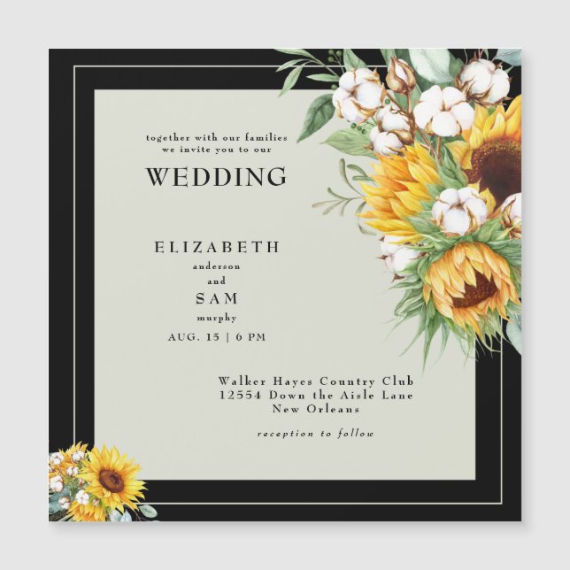 Black Square Sunflower Wedding Invitation Magnet (Front)