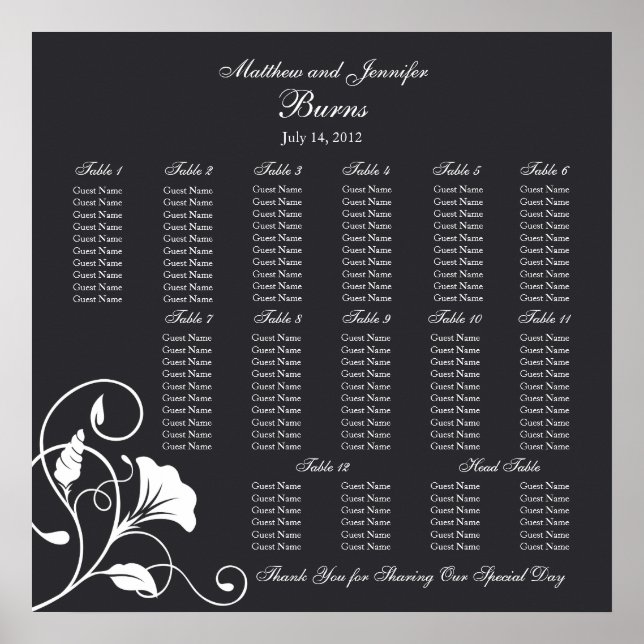 Black Square Wedding Reception Seating Chart (Front)