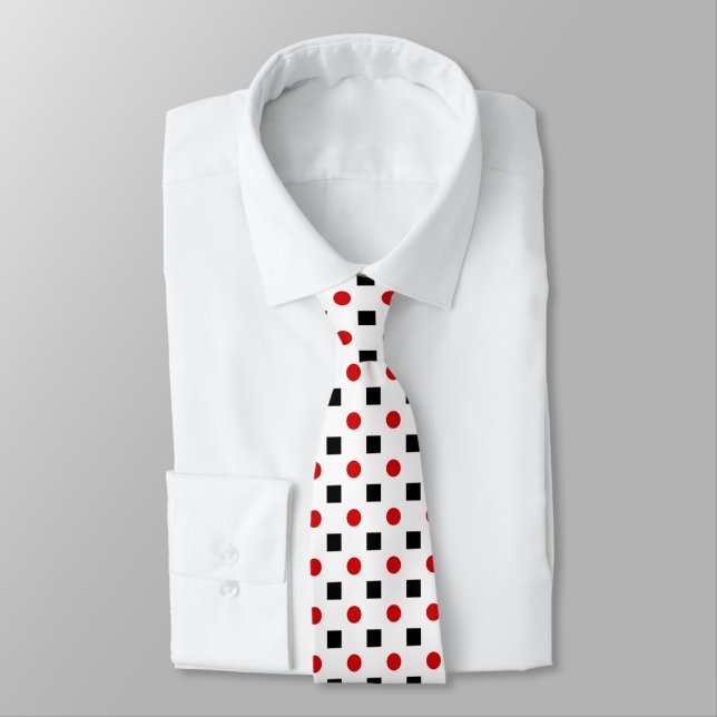 Black Squares Red Polka Dots Pattern White BG Tie (Tied)