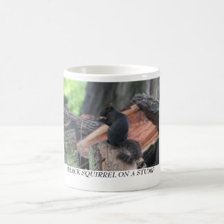 BLACK SQUIRREL ON A STUMP COFFEE MUG