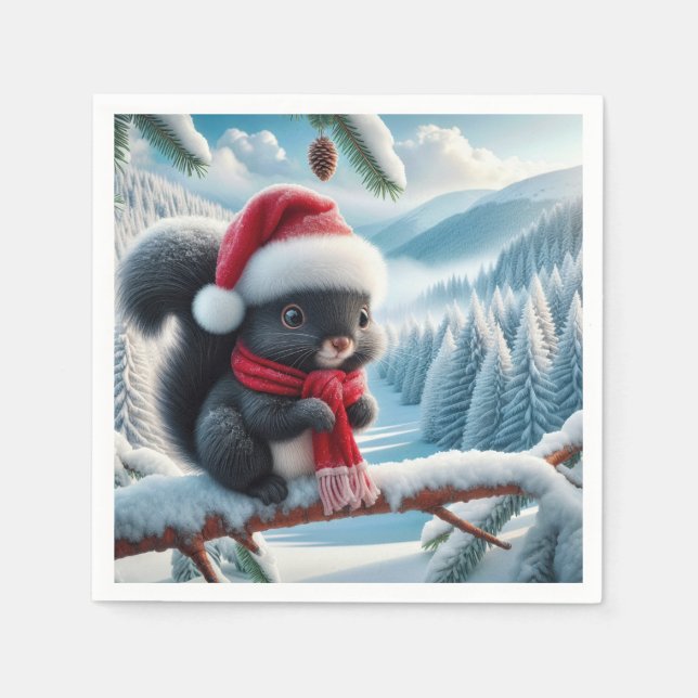 Black Squirrel With Santa Hat Napkin (Front)