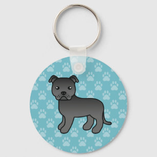 Black Staffordshire Bull Terrier Dog On Blue Key Ring