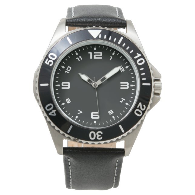 Black Stainless Steel Black Leather Strap Watch (Front)