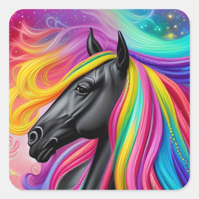 Black Stallion Colourful Mane  Square Sticker (Front)