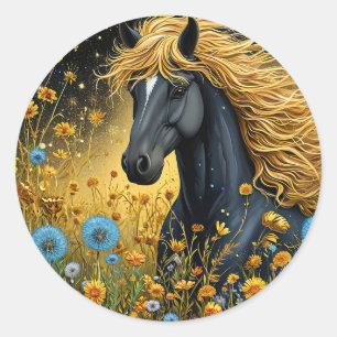 Black Stallion for Animal Lovers & Gift 🐎🌸 Classic Round Sticker