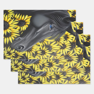 Black Stallion Horse and Sunflowers Wrapping Paper Sheet