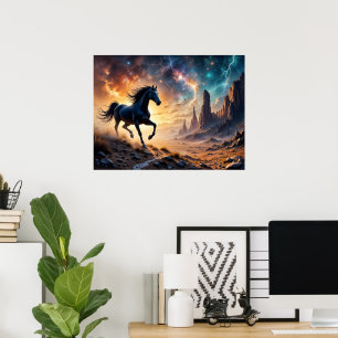 Black Stallion in Desert Nebula stars lightning Poster