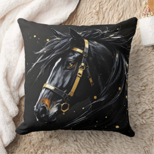 Black Stallion on black hints of gold and white Cushion