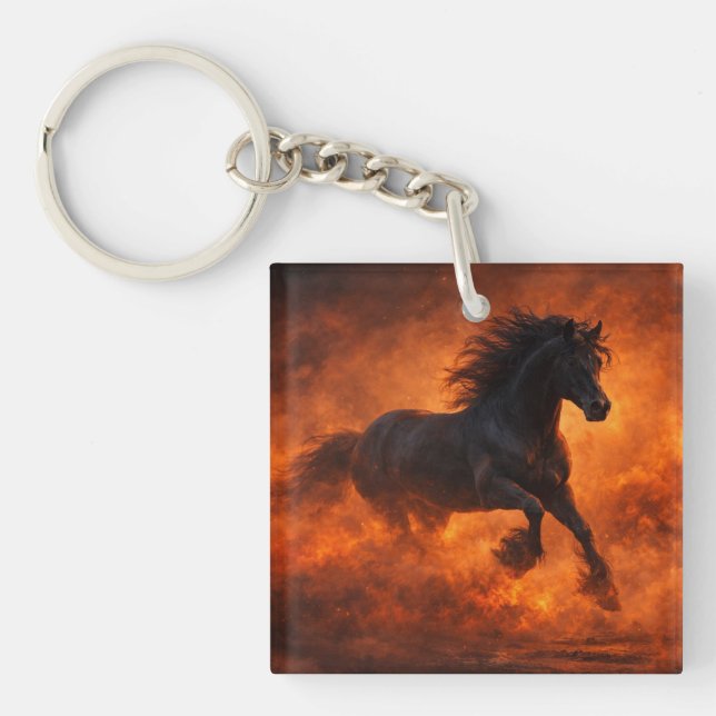 Black Stallion Running Through Orange Mist Key Ring (Front)