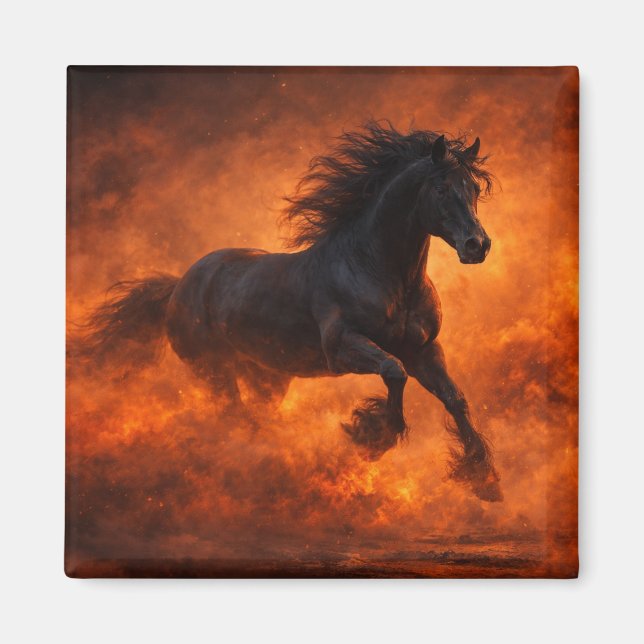 Black Stallion Running Through Orange Mist Magnet (Front)