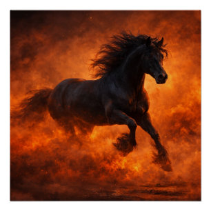 Black Stallion Running Through Orange Mist Poster