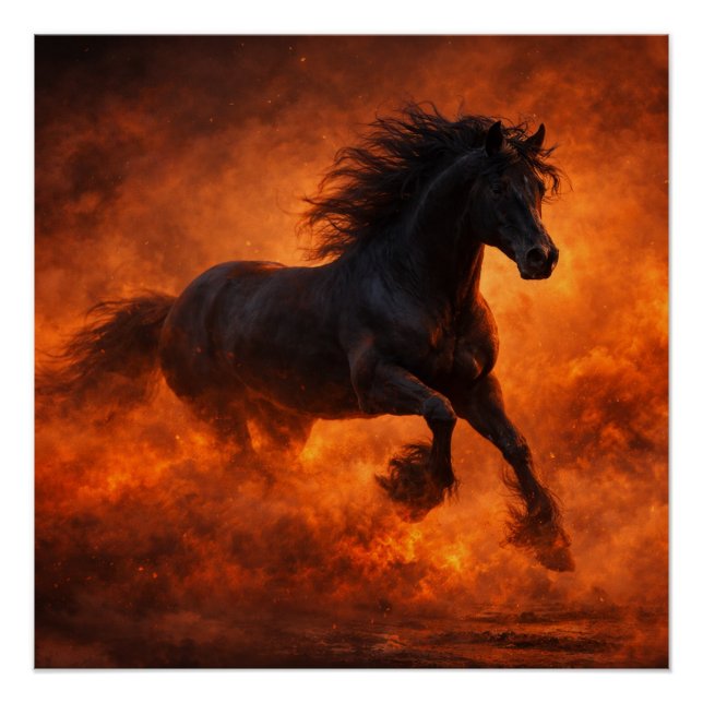 Black Stallion Running Through Orange Mist Poster (Front)