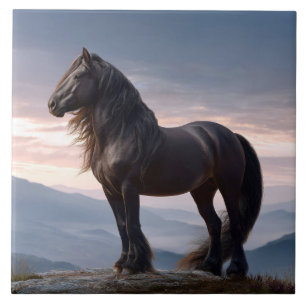 Black Stallion Wild Horse Mountain Top Ceramic Tile