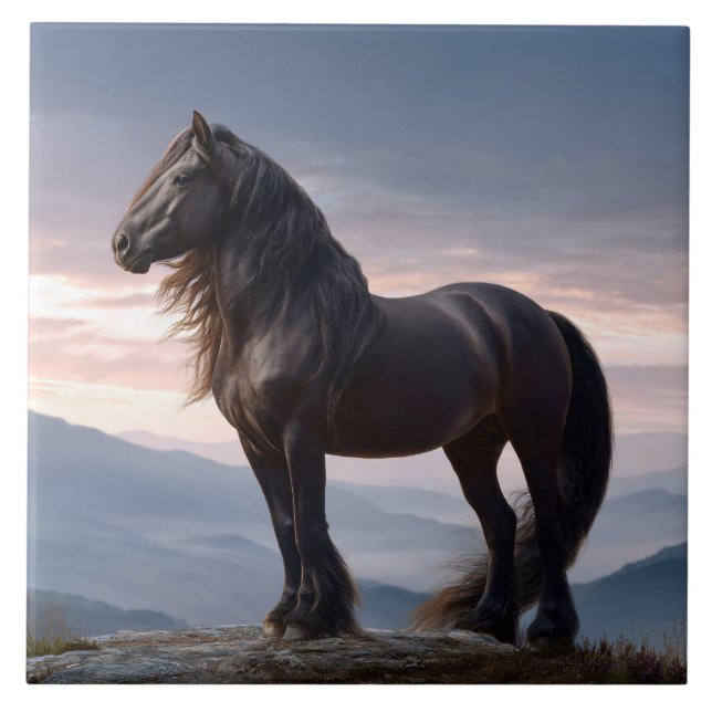 Black Stallion Wild Horse Mountain Top Ceramic Tile (Front)