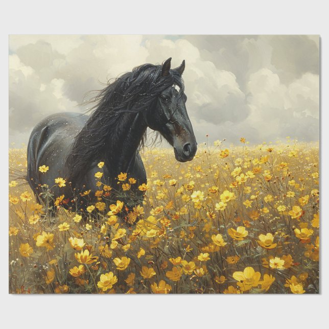 Black Stallion with Yellow Wildflowers Decoupage Wrapping Paper (Flat)
