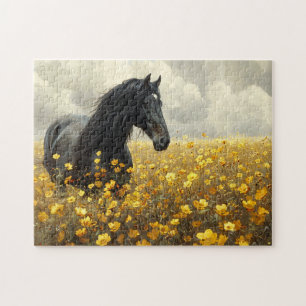 Black Stallion with Yellow Wildflowers Jigsaw Puzzle