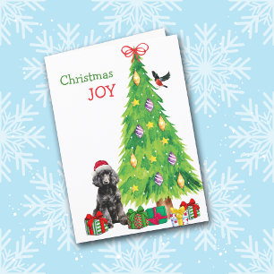 Black Standard Poodle Dog, Bird and Christmas Tree Holiday Card