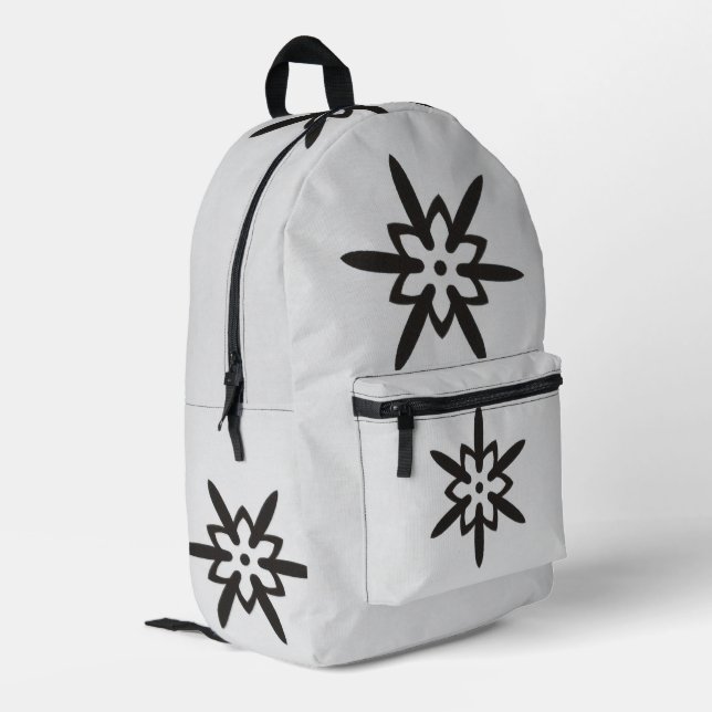 Black Star Flower White Background Printed Backpack (Back Corner Left)