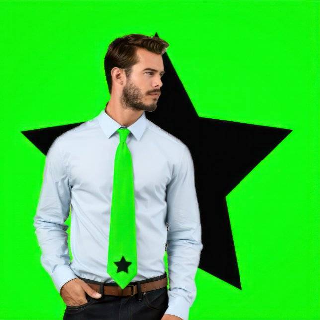 Black Star on Neon Green Tie (Man wears a tie with a black star design on neon green.
)