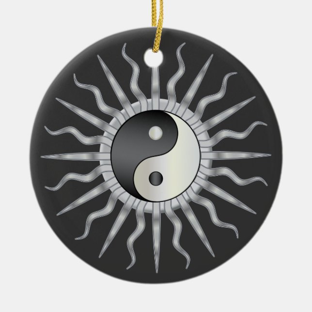 Black Starburst Yin Yang Ceramic Ornament (Front)