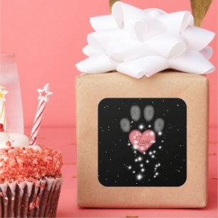 Black Starlight Pink Heart Dog Paw Print Pet Name Square Sticker