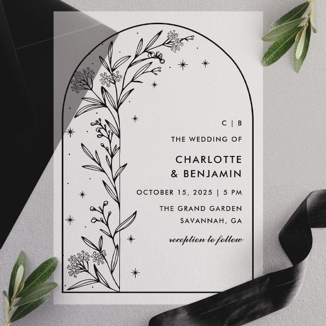 Black Starry Celestial Arch Botanical Wedding Vellum Invitations (Creator Uploaded)
