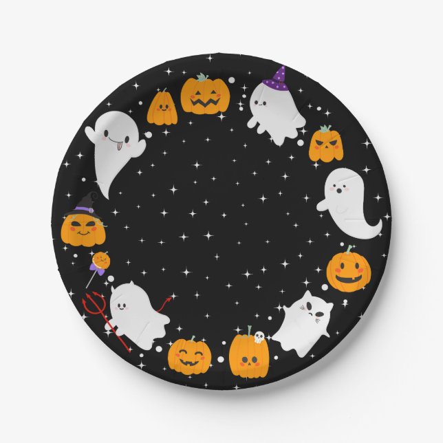 Black Starry Night with Ghosts Halloween  Paper Plate (Front)