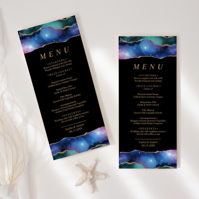 Black & Stars Blue Gold Calligraphy Wedding Menu (Creator Uploaded)