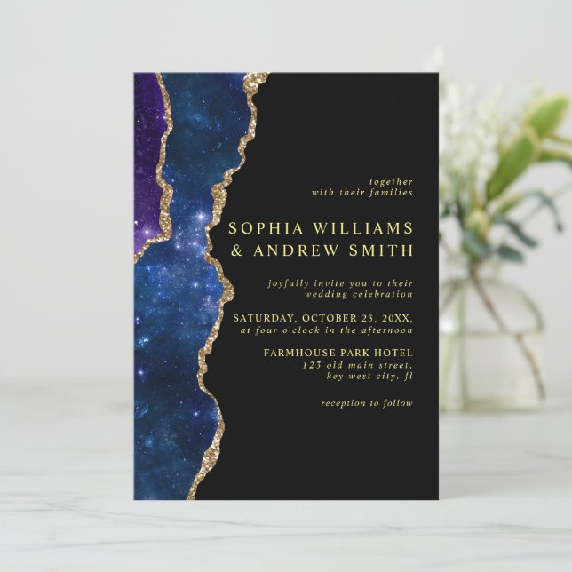 Black & Stars Blue Gold Wedding Invitation (Standing Front)