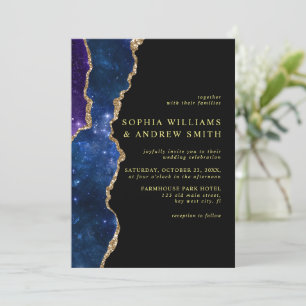 Black & Stars Blue Gold Wedding Invitation