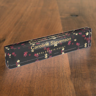 Black stars glitter golden red confetti starry shi nameplate