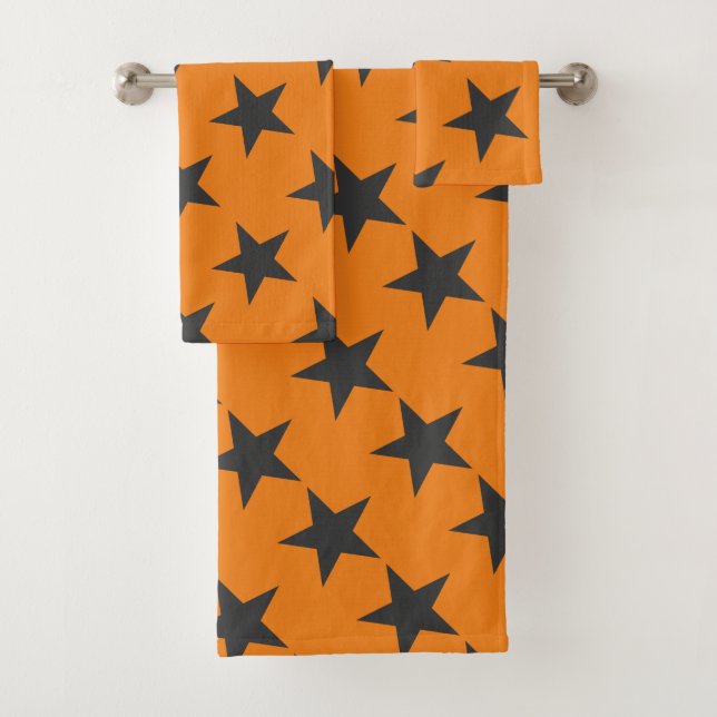 Black Stars on Pumpkin Orange  Bath Towel Set (Insitu)