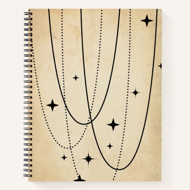 Black stars orbits planet path faded retro boho  notebook (Front)
