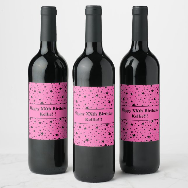 Black Stars With Message On Pink Birthday Wine Label (Bottles)