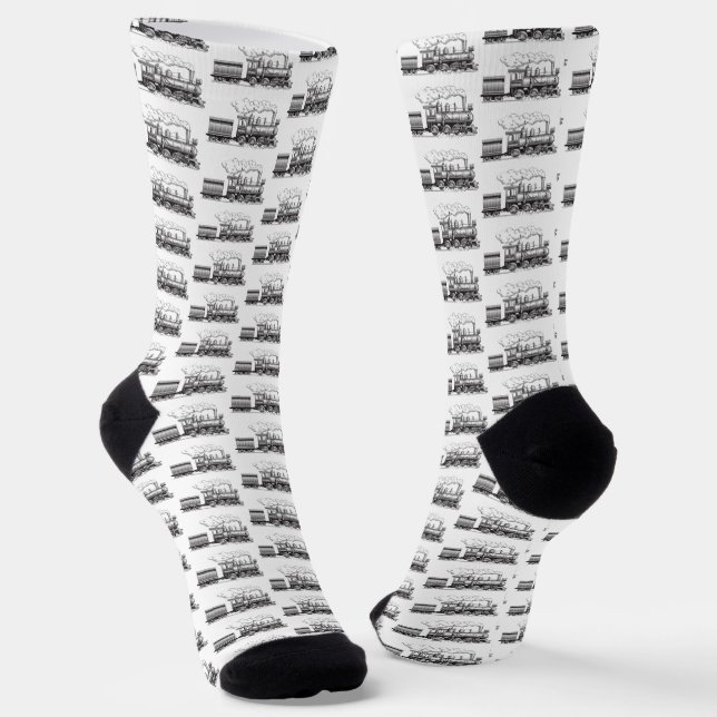Black Steam Engine Train Locomotive on White       Socks (Angled)