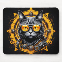 Black steampunk cat with orange glasses