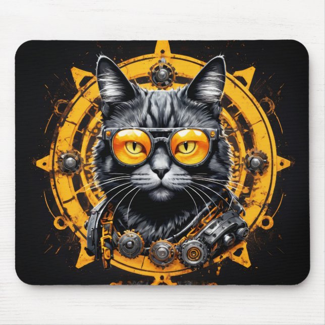 Black steampunk cat with orange glasses mouse pad (Front)