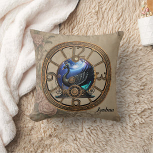 Black steampunk swan with clocks and gears. cushion
