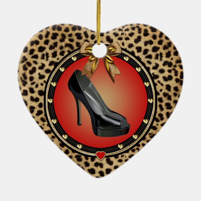 Black Stiletto Cheetah Heart Ornament (Back)