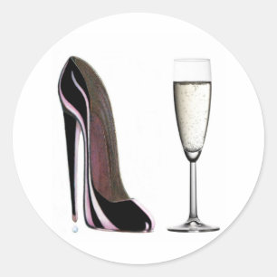 Black Stiletto Shoe and Champagne Glass Classic Round Sticker