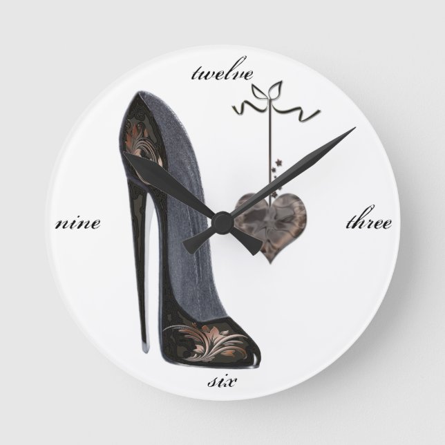 Black Stiletto Shoe and Heart Art Round Clock (Front)