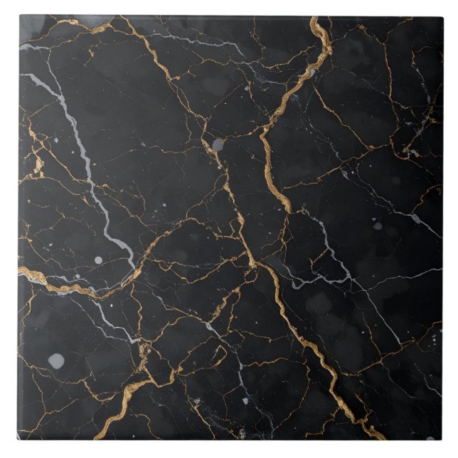 Black Stone with Gold & Silver Veins Ceramic Tile (Front)