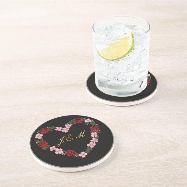 Black stoneware coaster with a pink heart (Side)