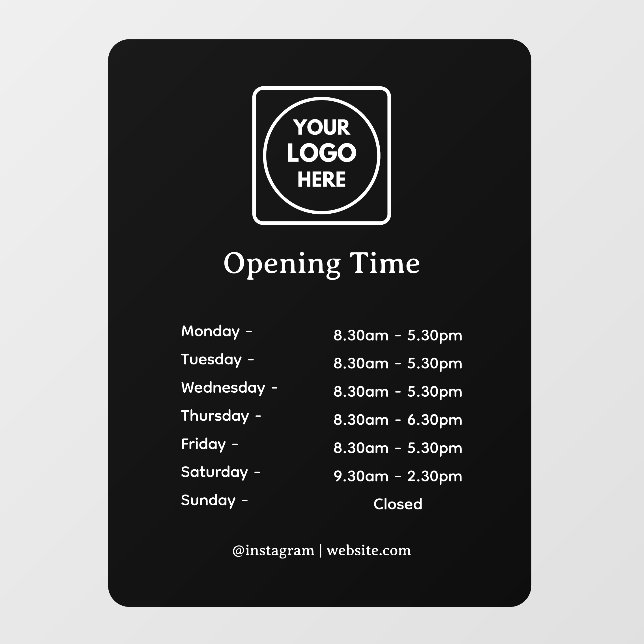 Black Store Hours Cling | Custom Window Sign (Sheet)