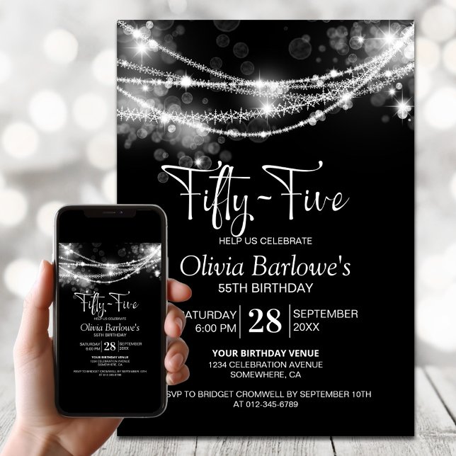 Black String Lights 55th Birthday Party Invitation (Creator Uploaded)