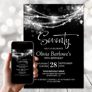 Black String Lights 70th Birthday Party Invitation