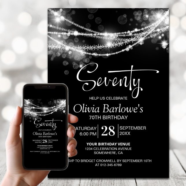 Black String Lights 70th Birthday Party Invitation (Creator Uploaded)