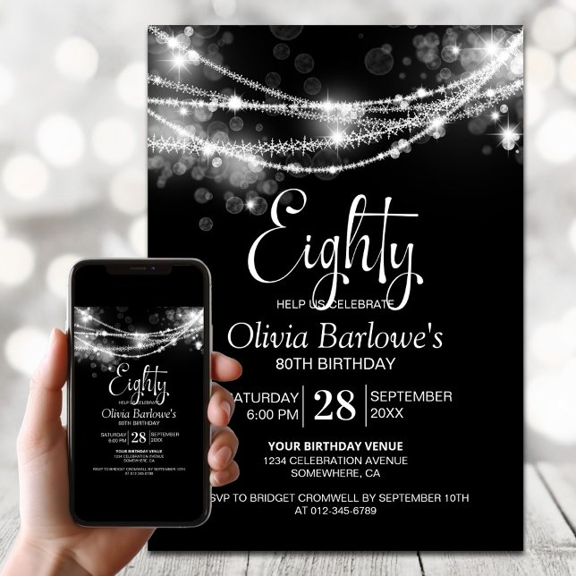 Black String Lights 80th Birthday Party Invitation (Creator Uploaded)